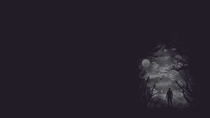 Silhouette of a man in a dark forest under the moon