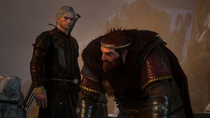 Geralt of Rivia and a Skellige warrior in The Witcher 3