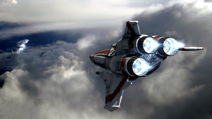 Battlestar Galactica spaceship flying through clouds