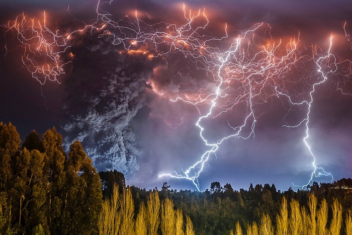 Lightning Storm Over Erupting Volcano in Chile