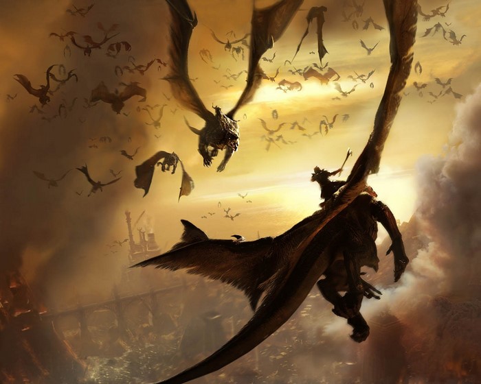 A swarm of dragons flying over a city