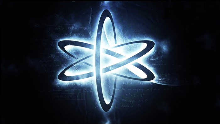 Atheism symbol with glowing orbits and equations
