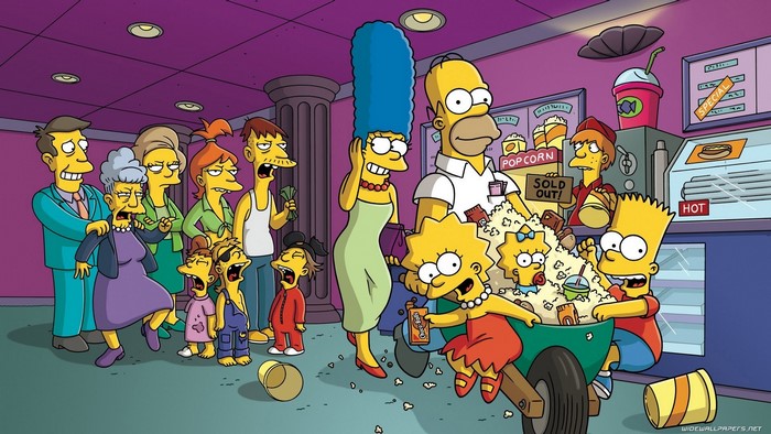 The Simpsons family at a movie theater concession stand