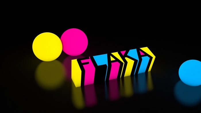 FLAKA text with CMYK spheres