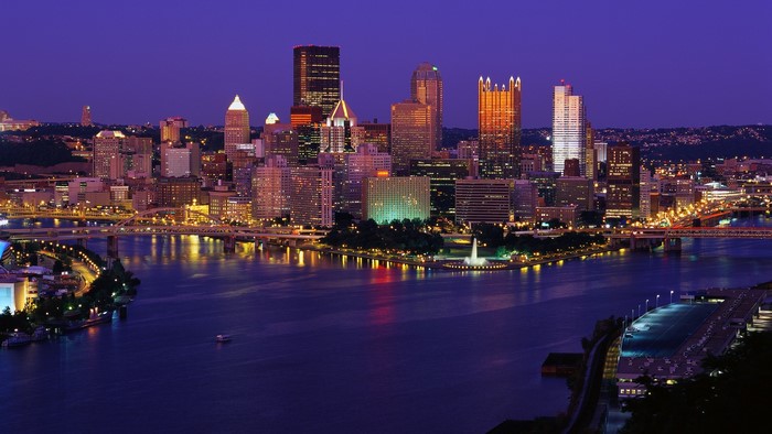 Pittsburgh, Pennsylvania skyline at dusk with rivers and bridges