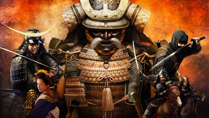Samurai and Ninja warriors with a geisha
