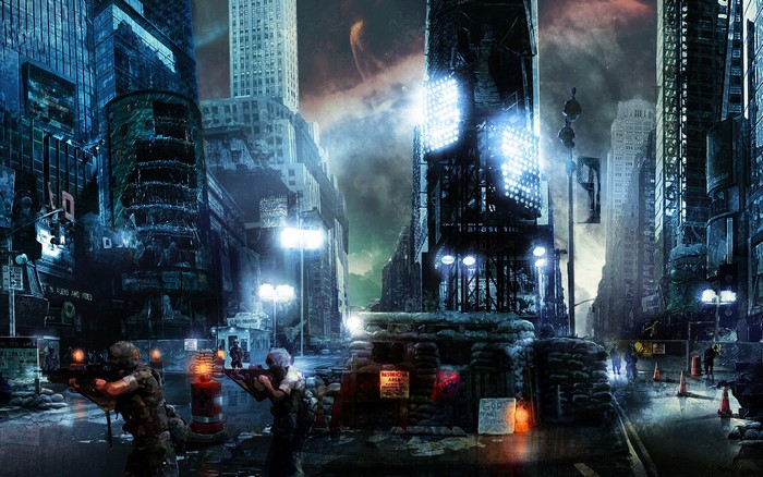 Apocalyptic city street with soldiers and barricades