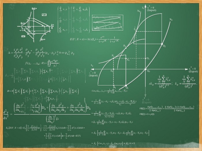 Chalkboard with mathematical formulas and graphs