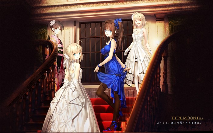 Characters from TYPE-MOON Fes. on a grand staircase