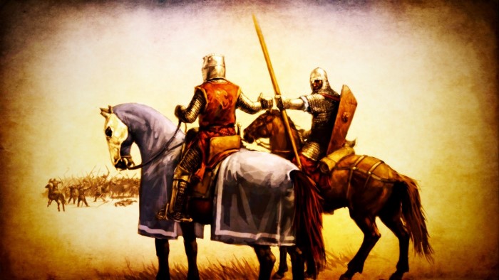 Medieval knights on horseback in battle