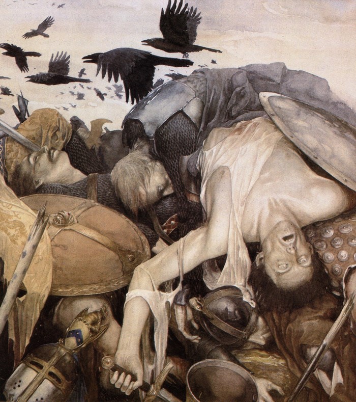 Medieval battle aftermath with crows and fallen soldiers