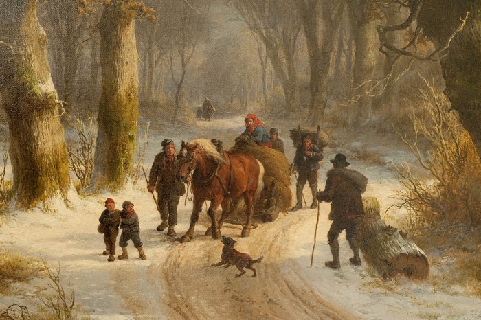 Peasants and horse-drawn cart in a snowy forest