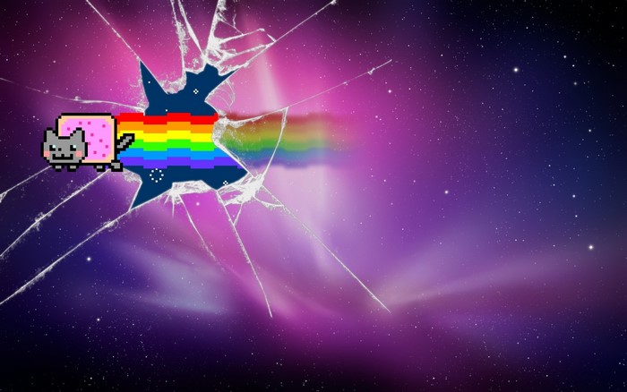 Nyan Cat with rainbow trail through broken glass in space