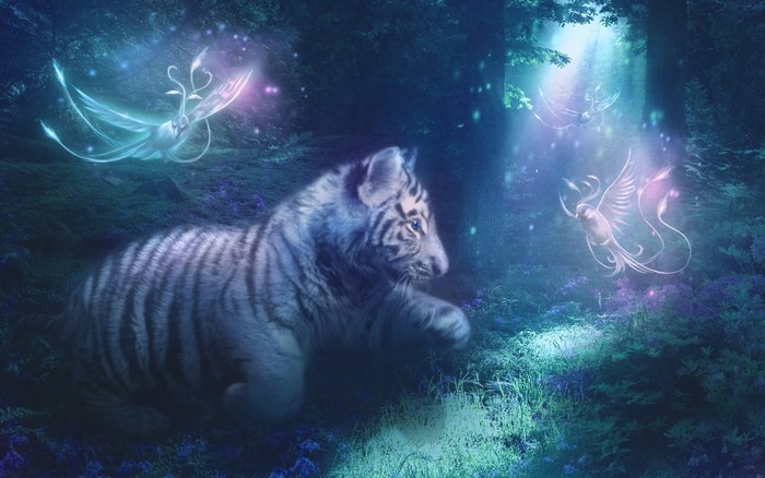 White Tiger Cub with Mystical Glowing Birds in Forest
