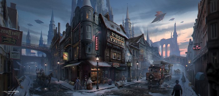 Steampunk city street with airships and horse-drawn carriage