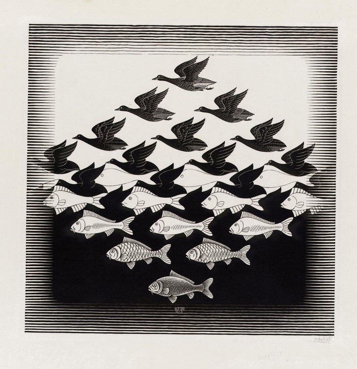 M.C. Escher's "Day and Night" woodcut print