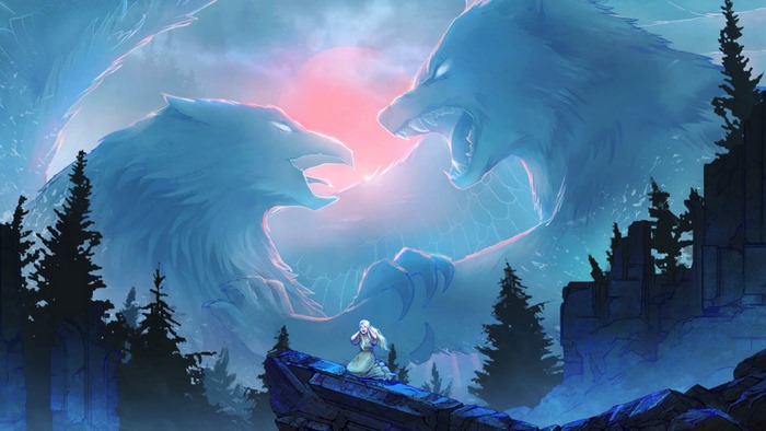 Giant ice eagle and wolf confront a person