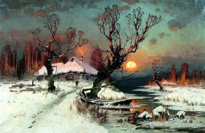 Winter Sunset Over Snowy Village and Frozen Stream