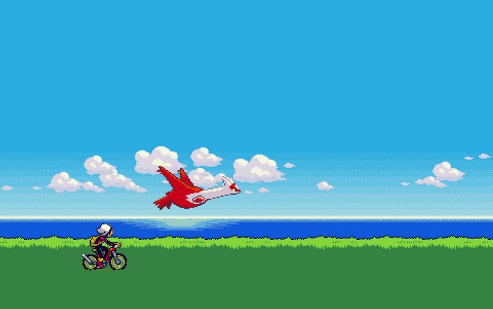 Latias flying over a person on a bicycle
