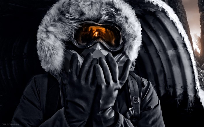 Man in gas mask and fur hood