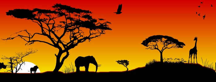 African savanna sunset with animals and trees