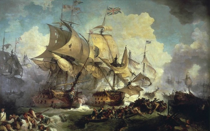Naval battle painting with British flag