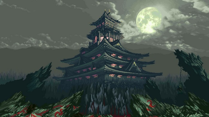 Pixel art of a Japanese castle under a full moon