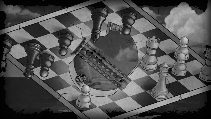 Monochrome chess board with optical illusion and surreal elements