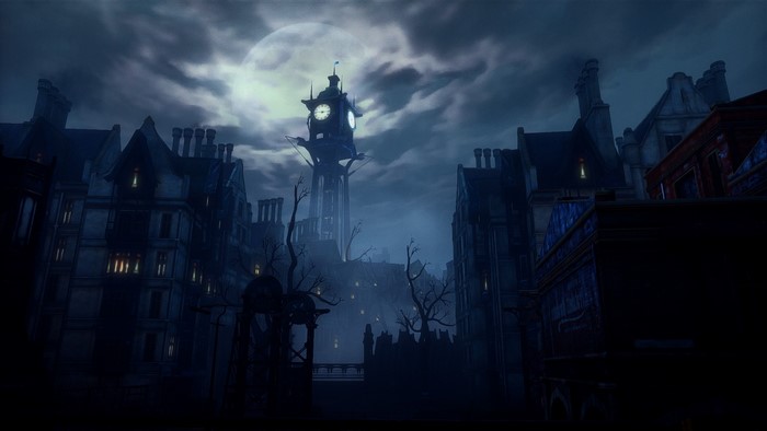 Clock tower in a dark cityscape under a full moon