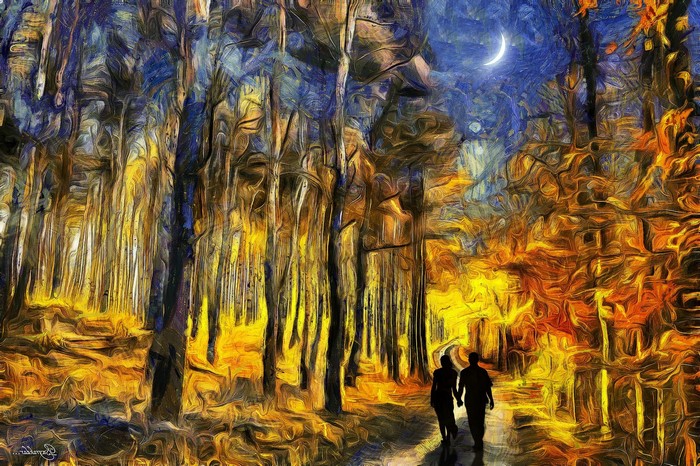 Couple walking in surreal forest under crescent moon