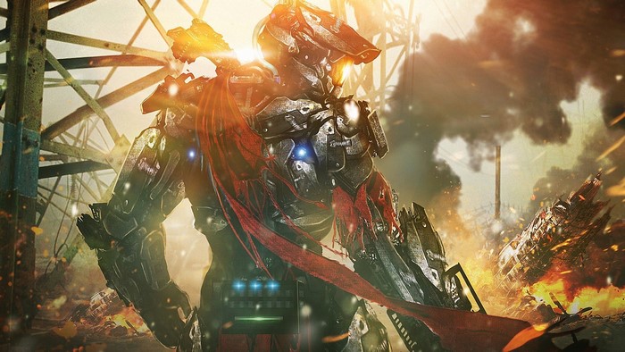 Cyborg soldier in futuristic armor in a war-torn landscape