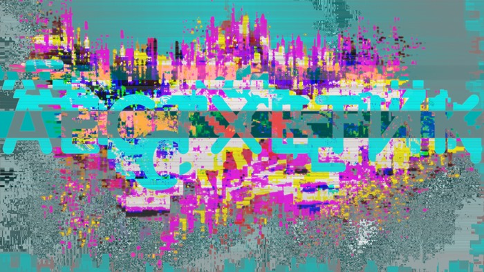 Glitch art abstract city skyline with text