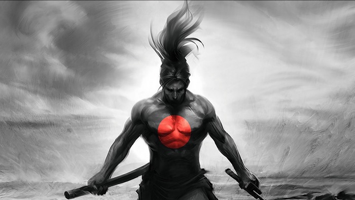 Yasuo from League of Legends with a red sun symbol