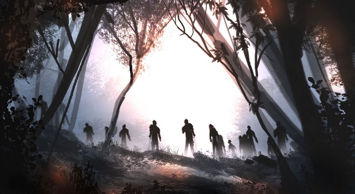 Silhouetted figures in a misty forest with bright light