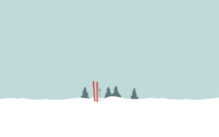 Minimalist winter landscape with skis and pine trees
