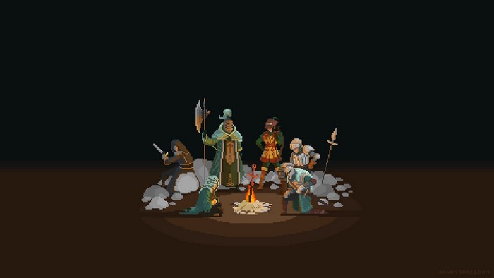 Dark Souls II characters gathered around a bonfire in pixel art