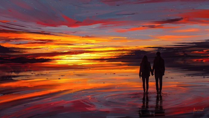 Couple holding hands at sunset by Aenami