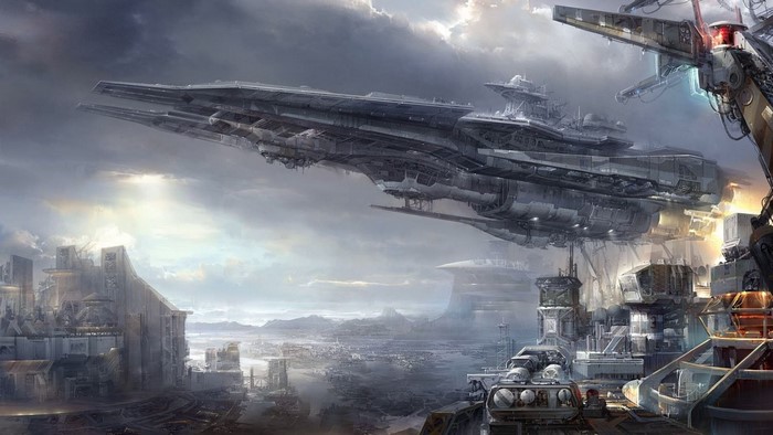 Futuristic spaceship over a science fiction city