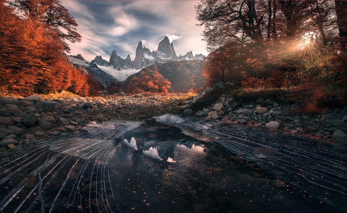 Autumnal Landscape with Fitz Roy Mountains and Frozen Stream