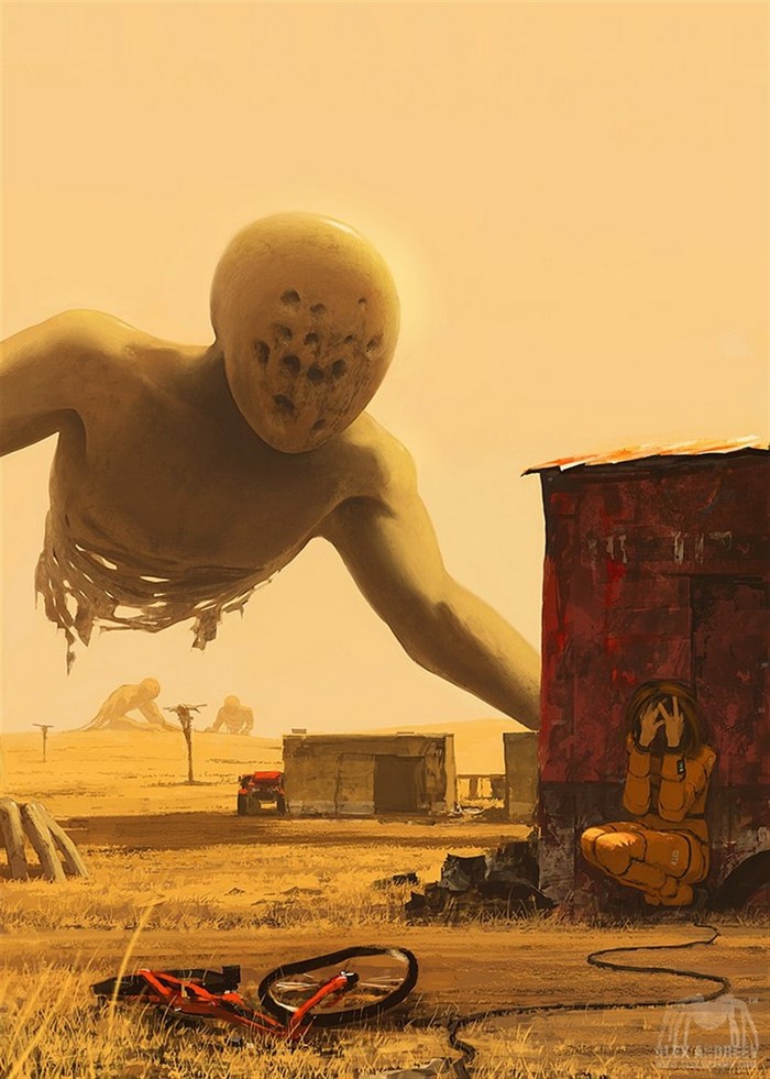 Surreal artwork of giant figures in a desert landscape