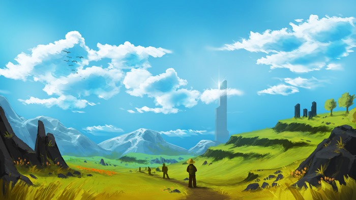 Digital art landscape with people and a tower