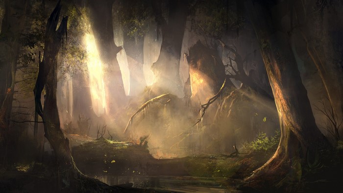 Fantasy forest with glowing light beams