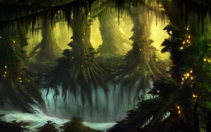 Fantasy forest with glowing lights and waterfall