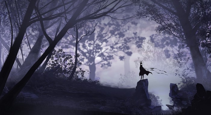 Silhouette of a creature in a dark, misty forest