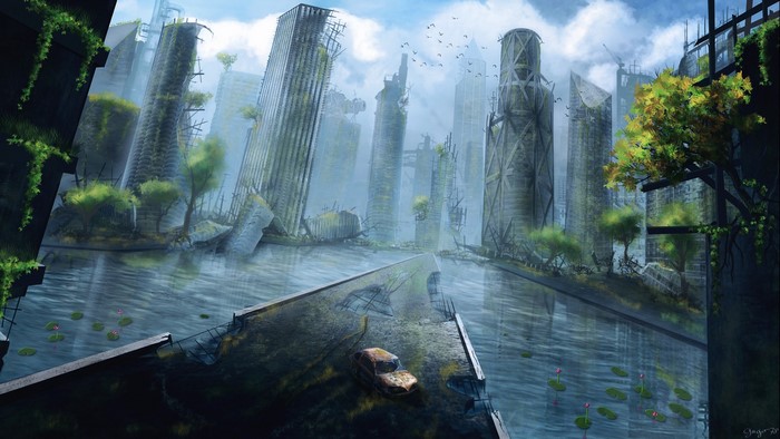 Apocalyptic city ruins with overgrown skyscrapers and water