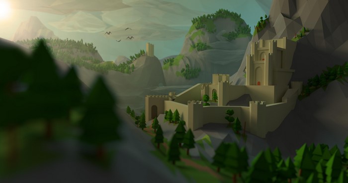 Low poly castle in a mountainous landscape with trees and birds