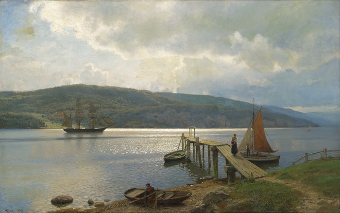 Norwegian Seaside Scene with Sailing Ships and Pier