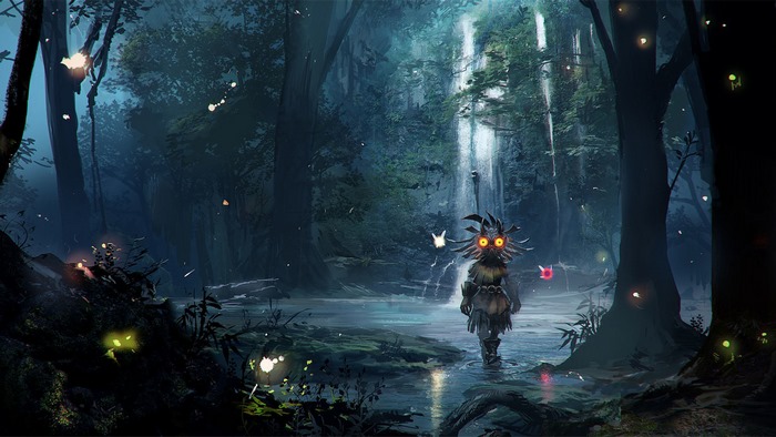 Skull Kid from The Legend of Zelda: Majora's Mask in a forest