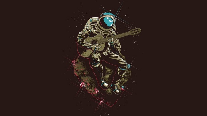 Astronaut playing guitar on an asteroid