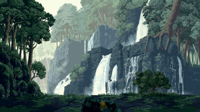 Pixel art landscape of a rainforest with waterfalls